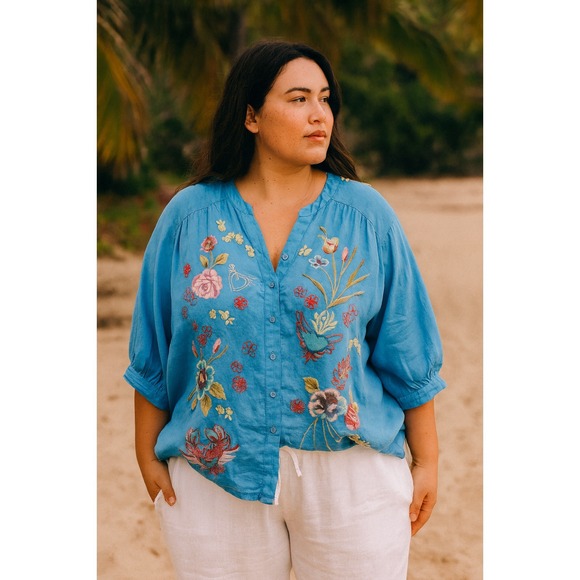 Johnny Was Jessi Shirred Yoke Blouse XXL Linen Embroidered Floral Bird Shirt - Picture 1 of 11